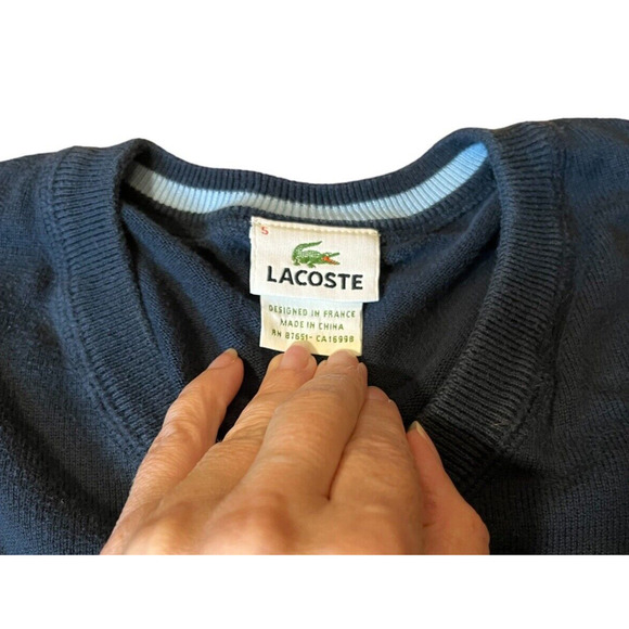 Lacoste Pullover V Neck Sweater Jumper Navy 100% Cotton Mens Sz 5 Large F5178 - Picture 4 of 5